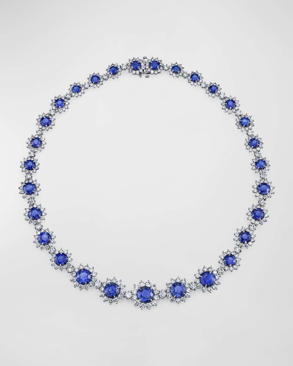 Platinum Large Round Blue Sapphire Necklace with Diamonds, 16"L, 62.25tcw