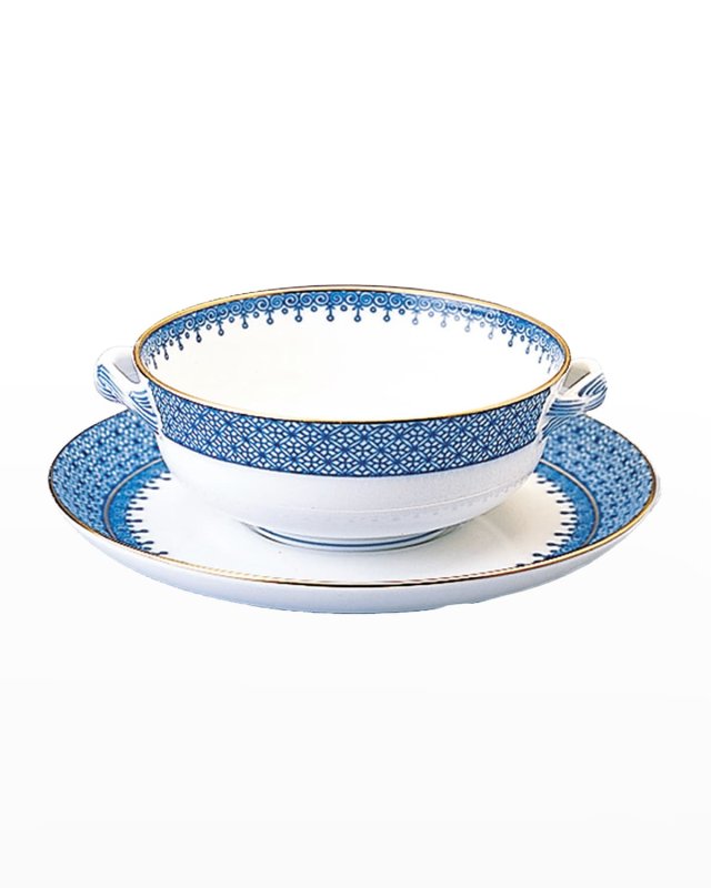 Blue Lace Cream Soup Bowl & Saucer Plate