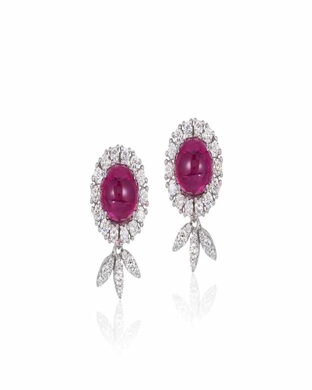 18K White Gold Cabochon Ruby and Diamond Earrings