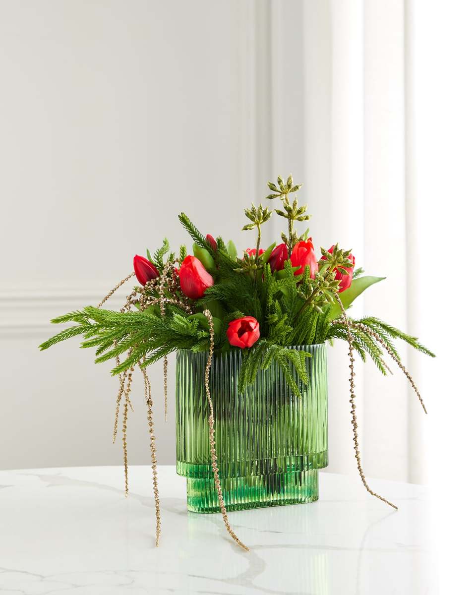 Red Tulips 17" Faux Floral Arrangement in Green Glass Vase