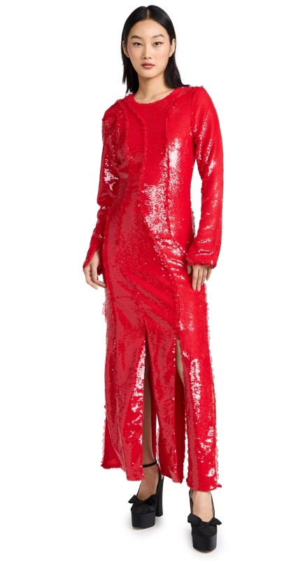 GANNI Sequins Cutline Maxi Dress Fiery Red