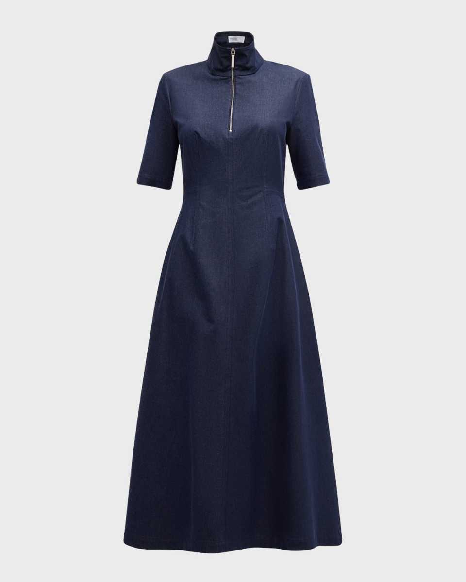 Denim Zip-Front High Neck Midi Dress