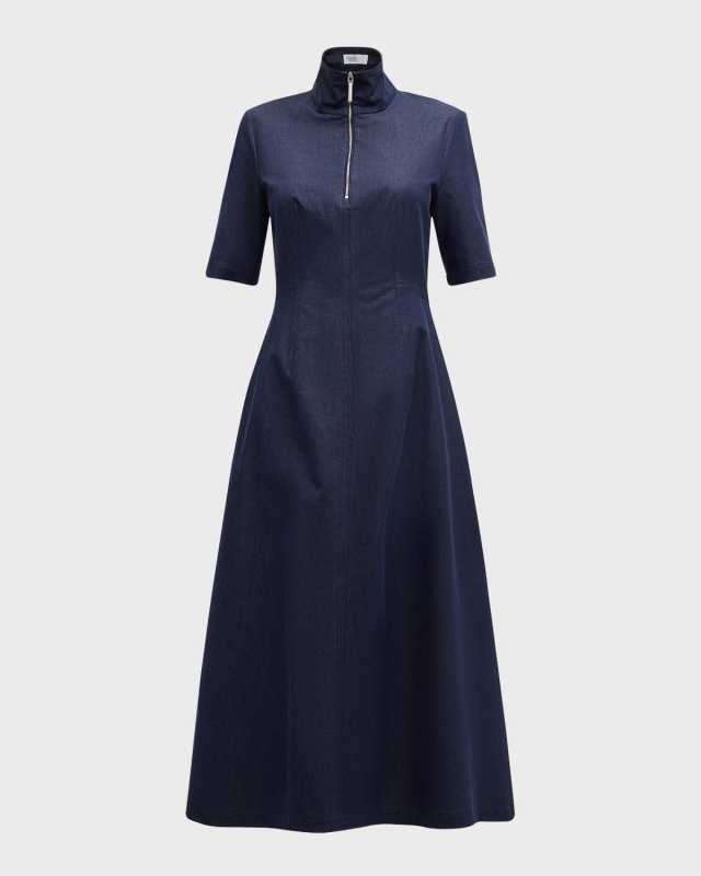 Denim Zip-Front High Neck Midi Dress