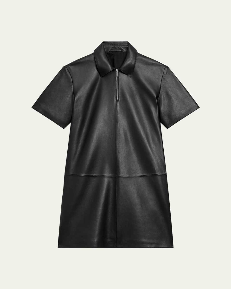 Short-Sleeve Half-Zip Nappa Leather Mini Dress