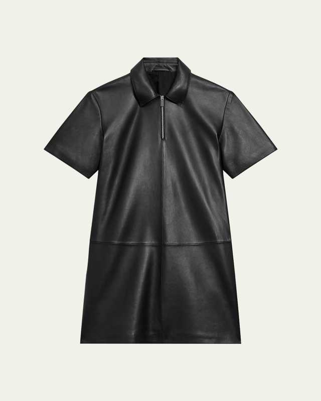 Short-Sleeve Half-Zip Nappa Leather Mini Dress