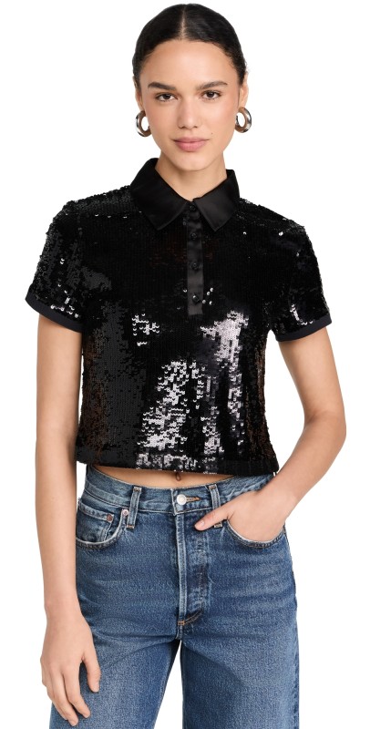 alice + olivia Kit Sequin Cropped Fitted Polo Shirt Black