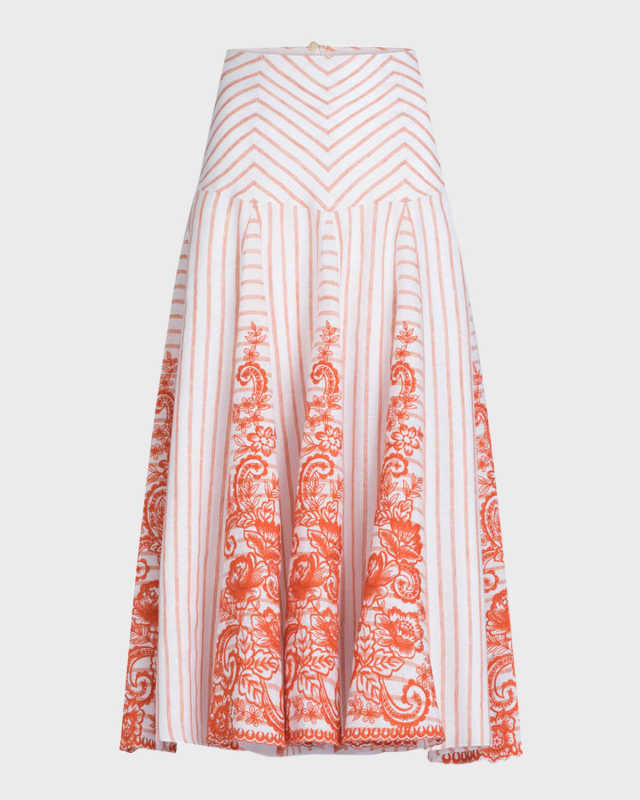 Fairus Embroidered Striped Godet Midi Skirt