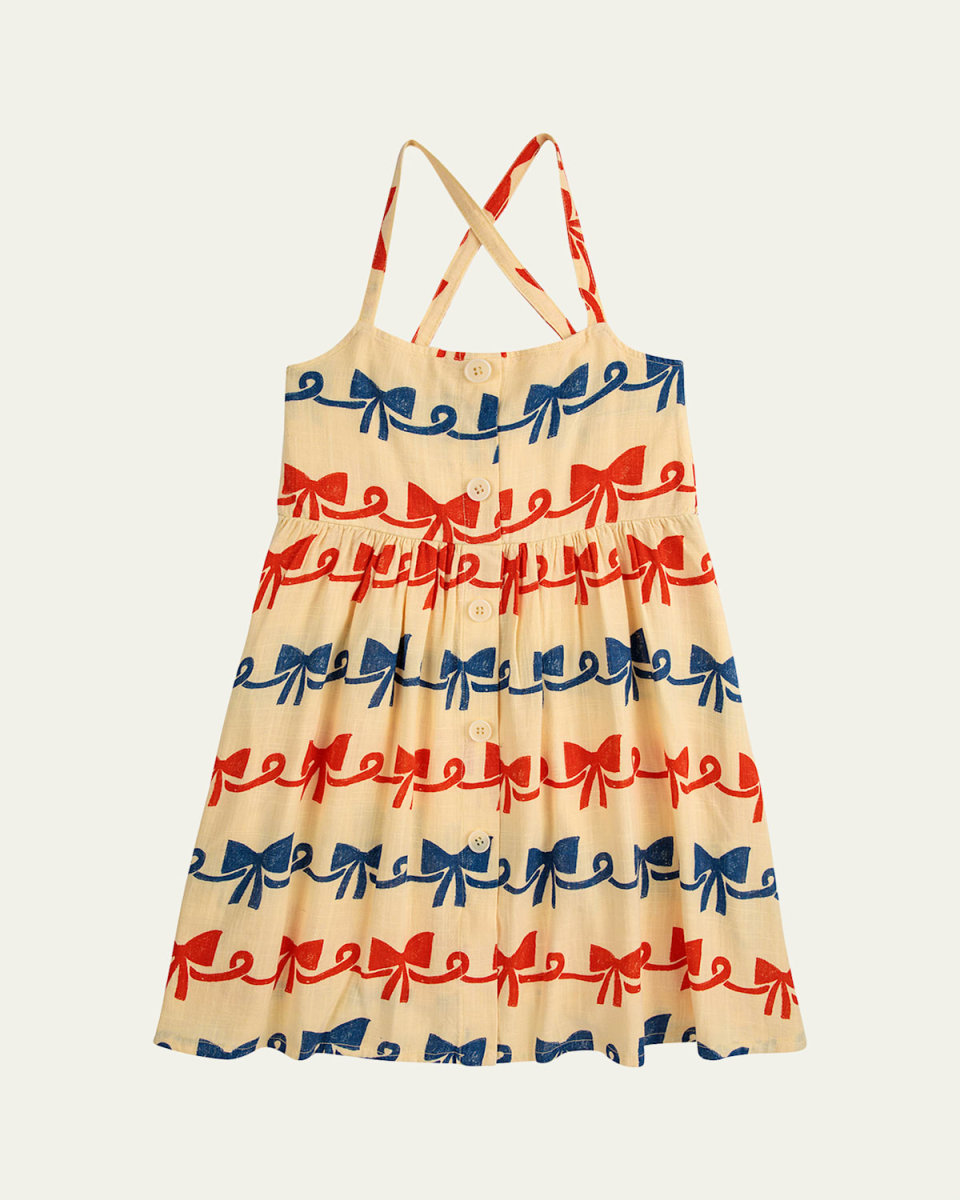 Girl's Ribbon Bow Woven Linen-Blend Dress, Size 2-13