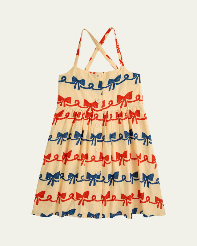 Girl's Ribbon Bow Woven Linen-Blend Dress, Size 2-13