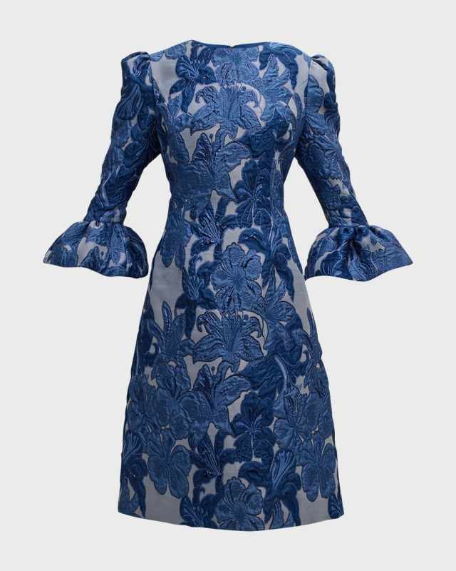 Bell-Sleeve Floral Jacquard Midi Dress