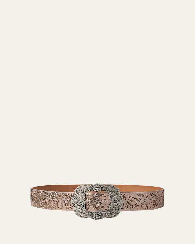 Tooled-Buckle Calf-Suede & Calfskin Belt