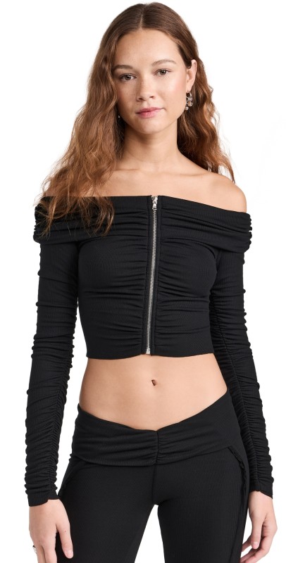 Sami Miro Vintage Foldover Shirred Top Black