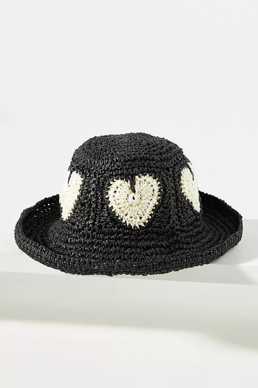 Anthropologie Straw Heart Bucket Hat