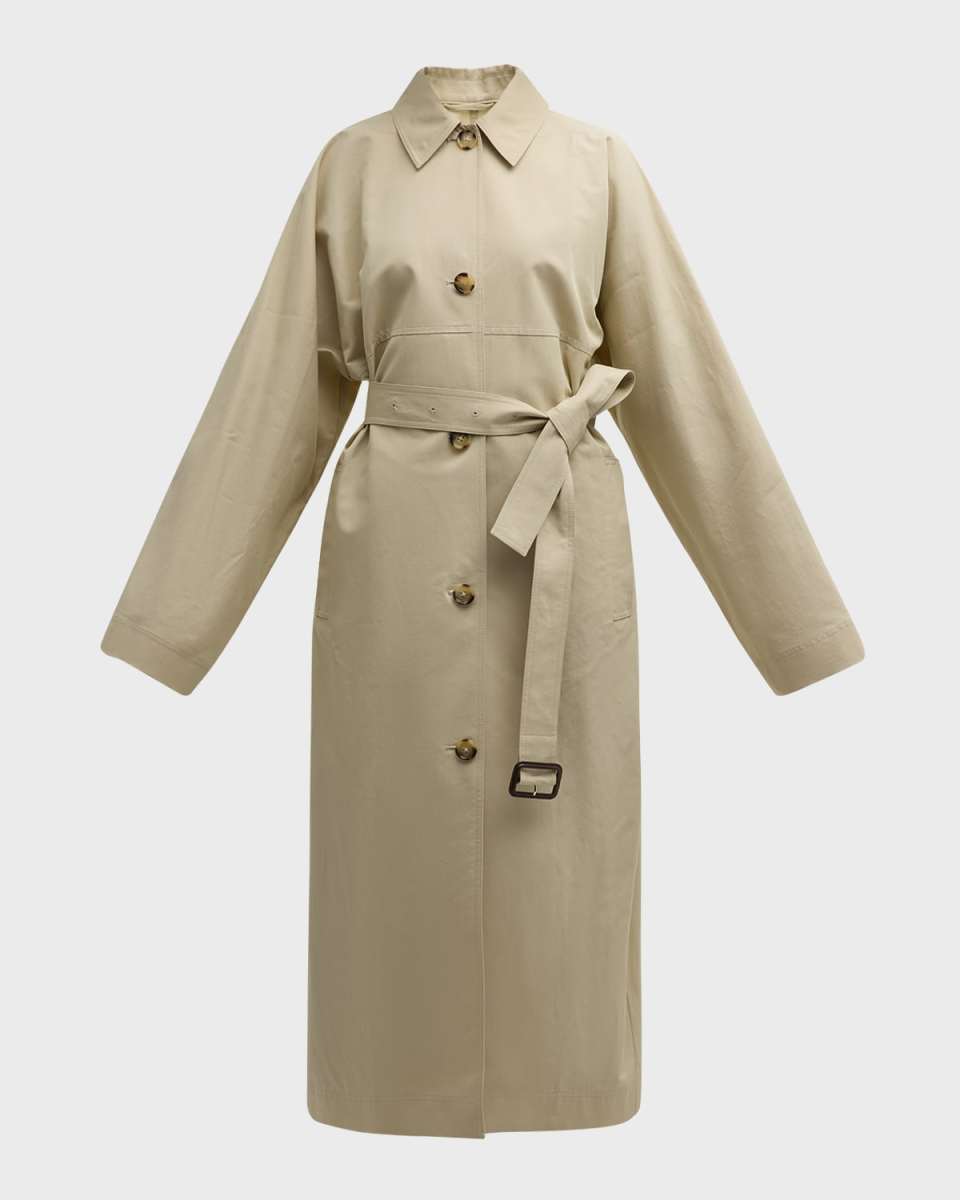 Tumbled Cotton-Silk Belted Long Trench Coat