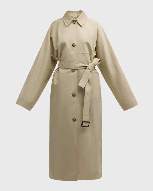 Tumbled Cotton-Silk Belted Long Trench Coat