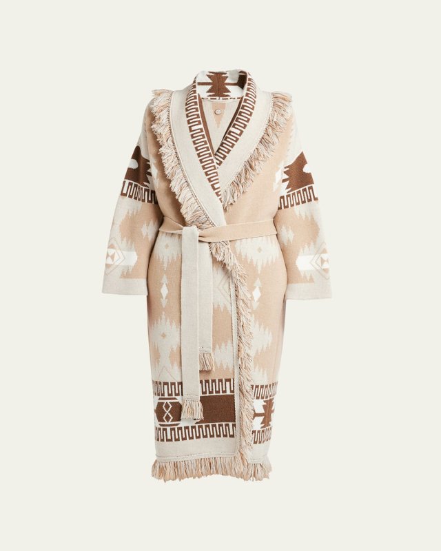 Icon Jacquard Fringe Belted Wool Coat
