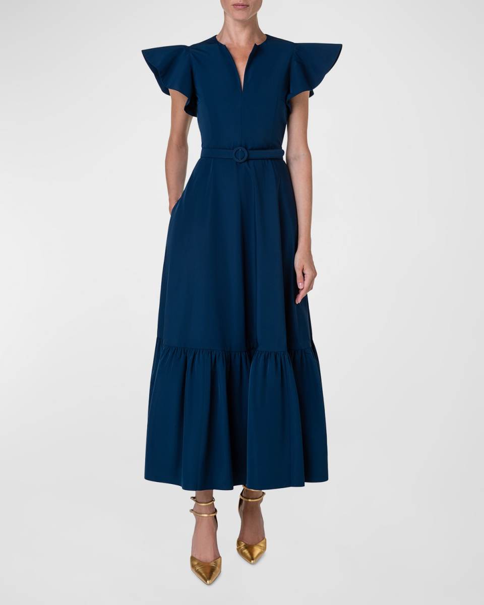 Cap-Sleeve Belted Tiered-Hem Taffeta Midi Dress