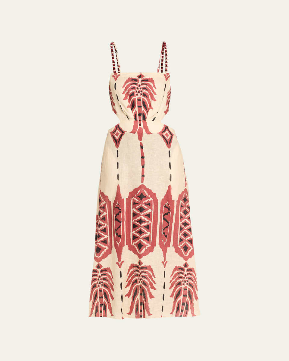 Palm Of Tiahuanaco Cutout Tassel Strap Linen Midi Dress