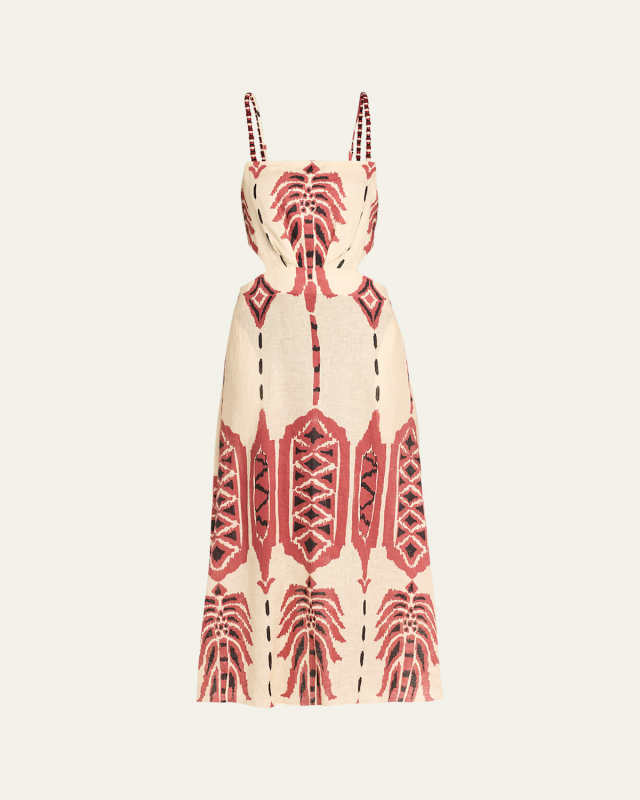 Palm Of Tiahuanaco Cutout Tassel Strap Linen Midi Dress