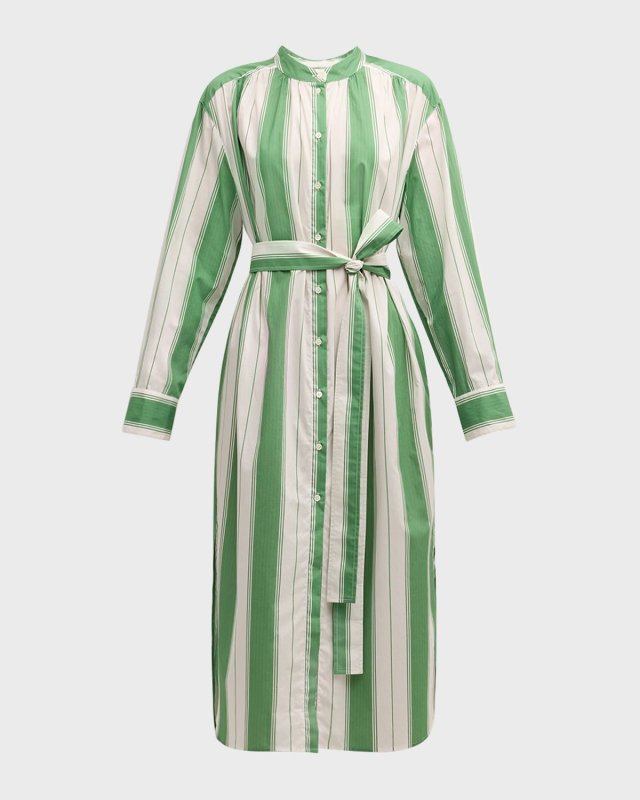 Striped Side-Slit Cotton Midi Shirtdress