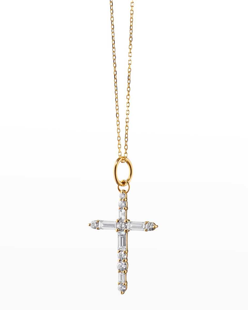 18K Yellow Gold Cross Charm Necklace with Round Diamonds