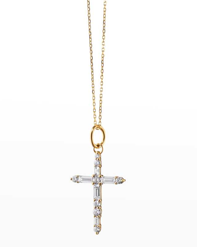 18K Yellow Gold Cross Charm Necklace with Round Diamonds