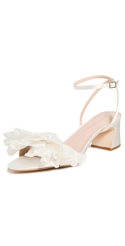 Loeffler Randall Aria Scalloped Ruffle Mid Heel Sandals with Ankle Strap Pearl