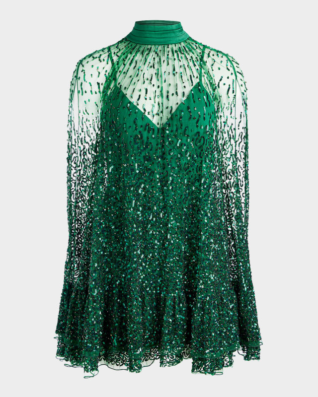 Zenon Embellished Tie-Neck Cape Mini Dress