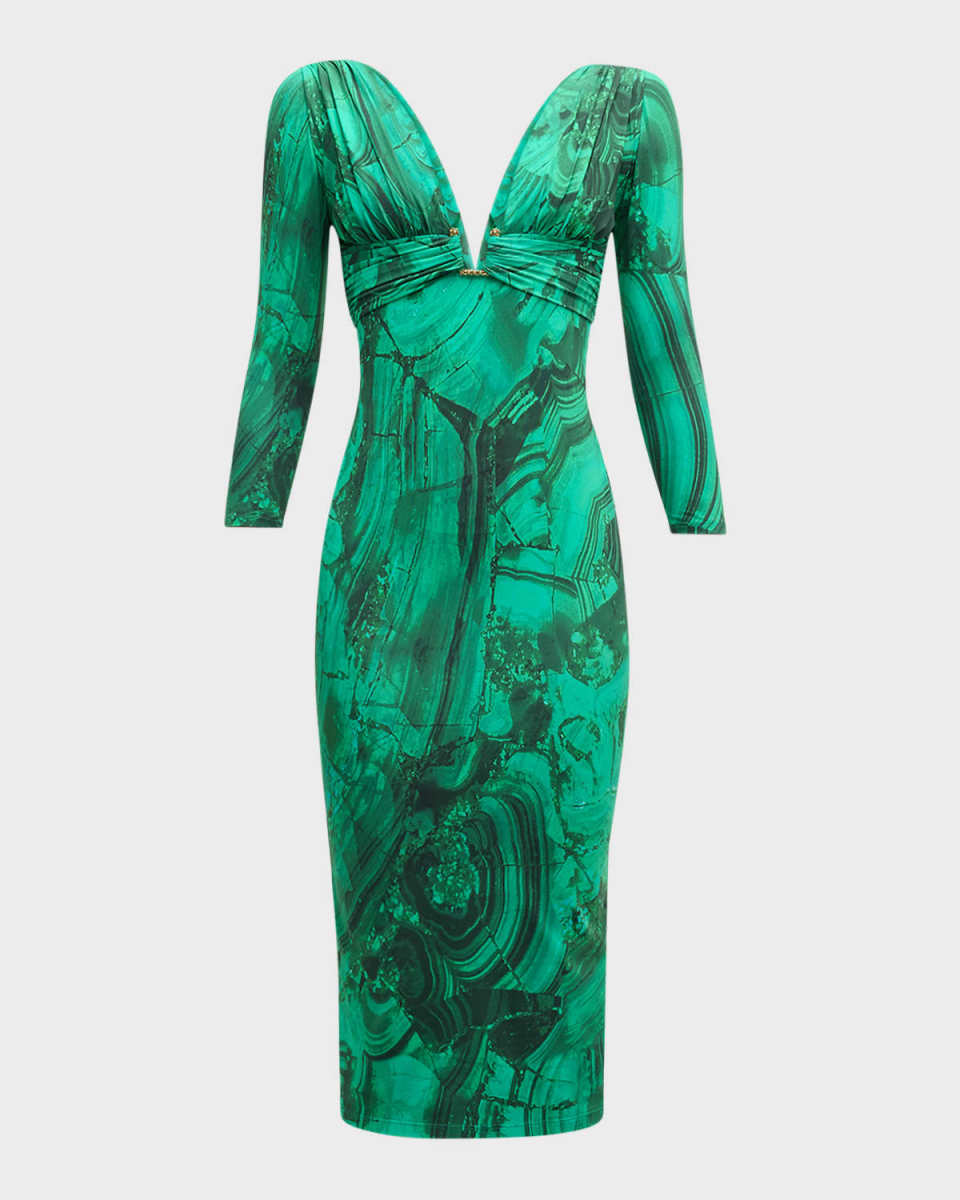 Plunging Claw U-Ring 3/4-Sleeve Midi Dress