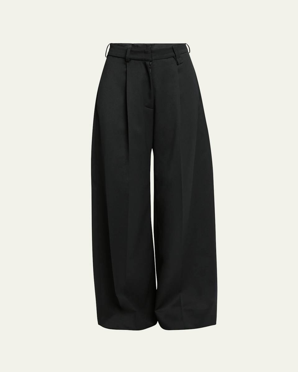 Pleated Wide Leg Wool Trousers with Faux Fur Pocket