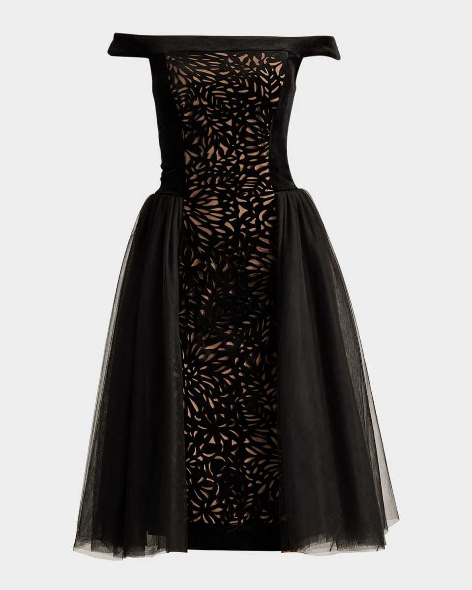 Off-Shoulder Cutwork Velvet and Tulle Dress