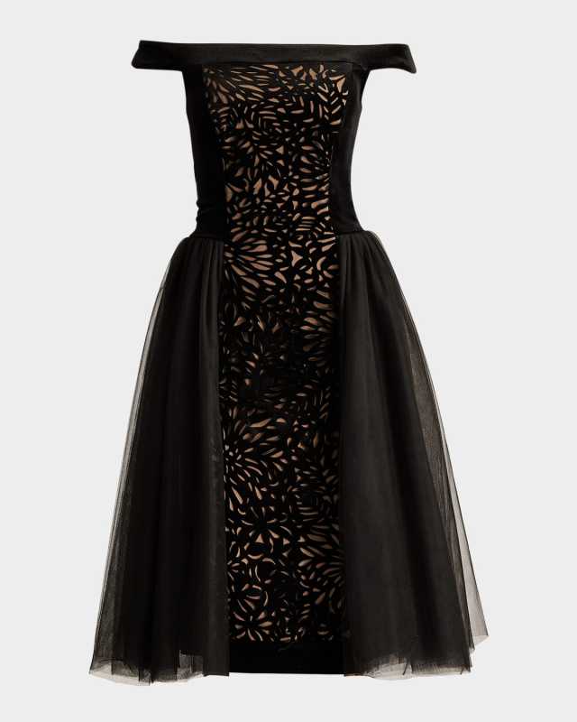 Off-Shoulder Cutwork Velvet and Tulle Dress