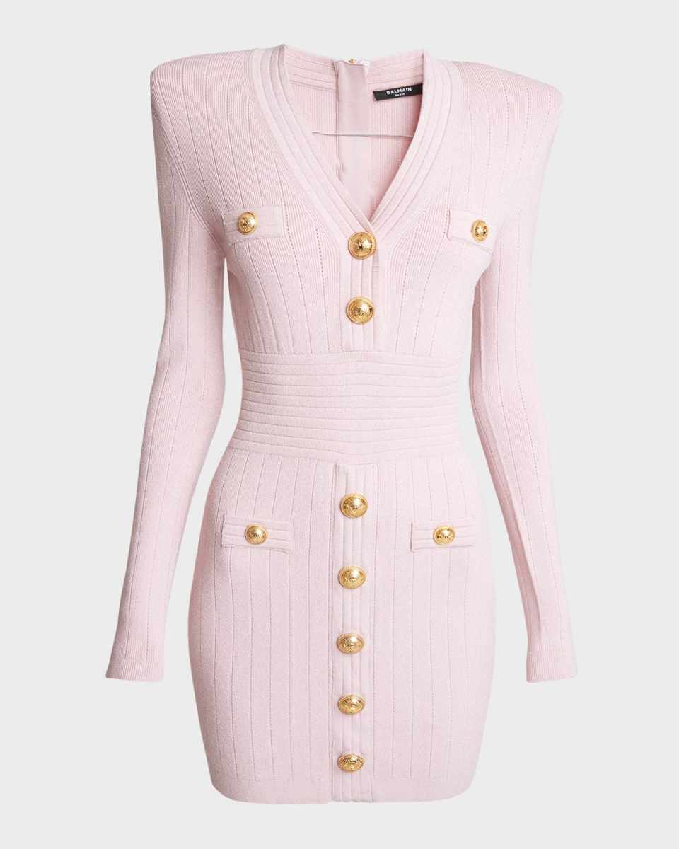 Long-Sleeve Buttoned Short Knit Dress