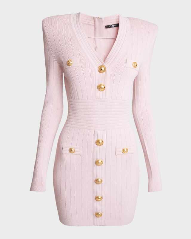 Long-Sleeve Buttoned Short Knit Dress