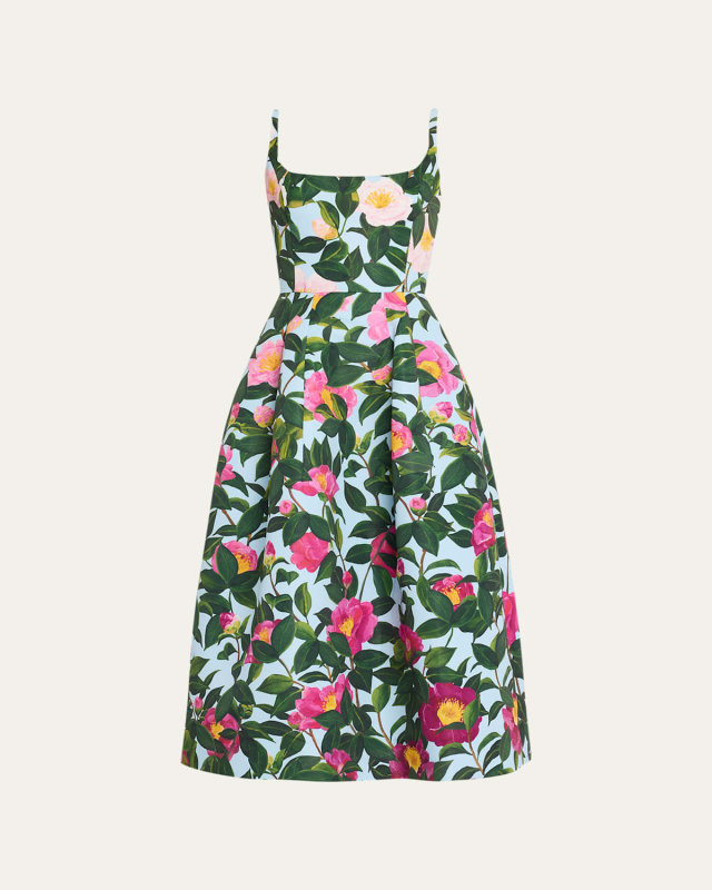 Scoop-Neck Camellias Faille Sleeveless Midi Dress