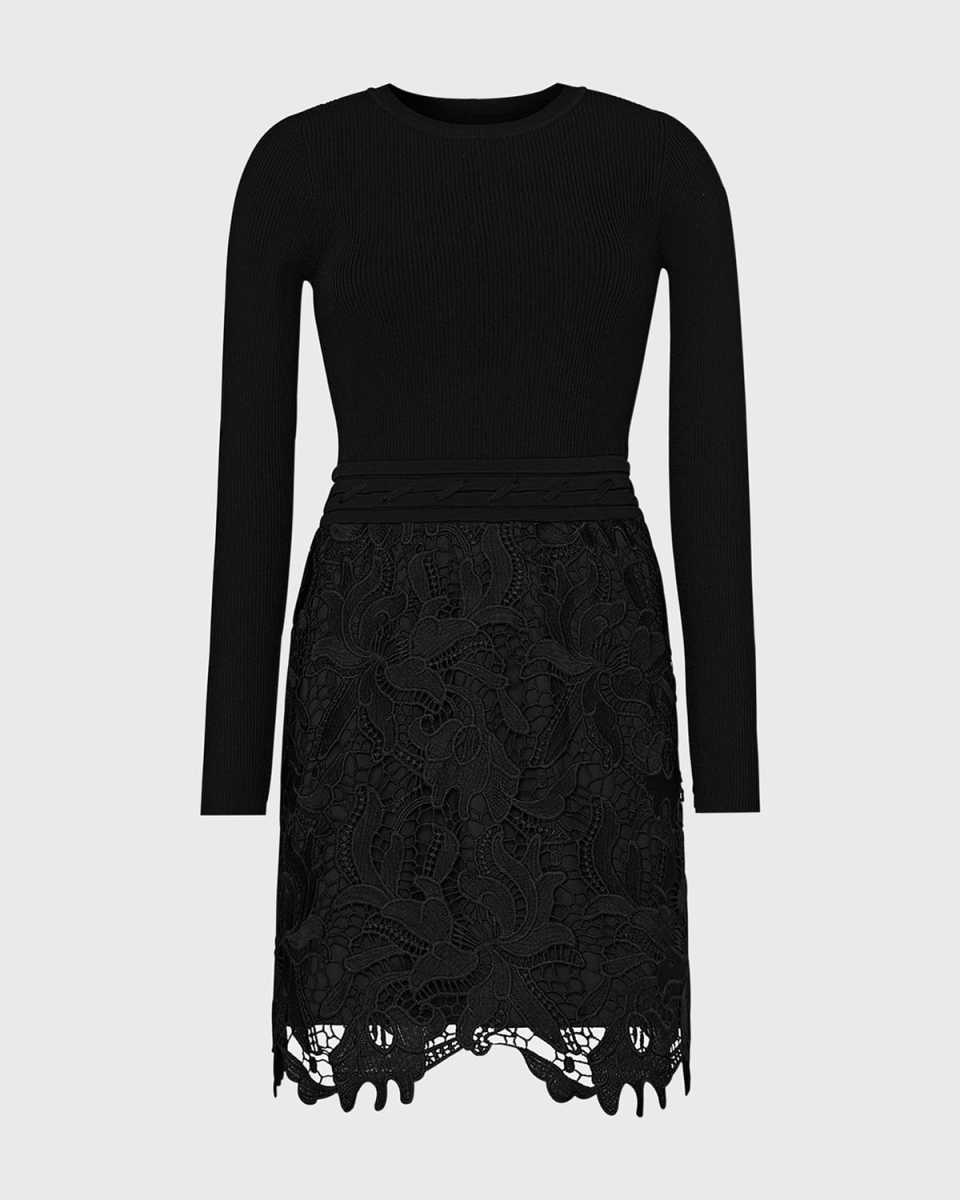 Katie Ribbed Knit & Floral Lace Mini Dress