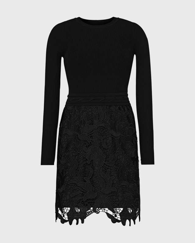 Katie Ribbed Knit & Floral Lace Mini Dress