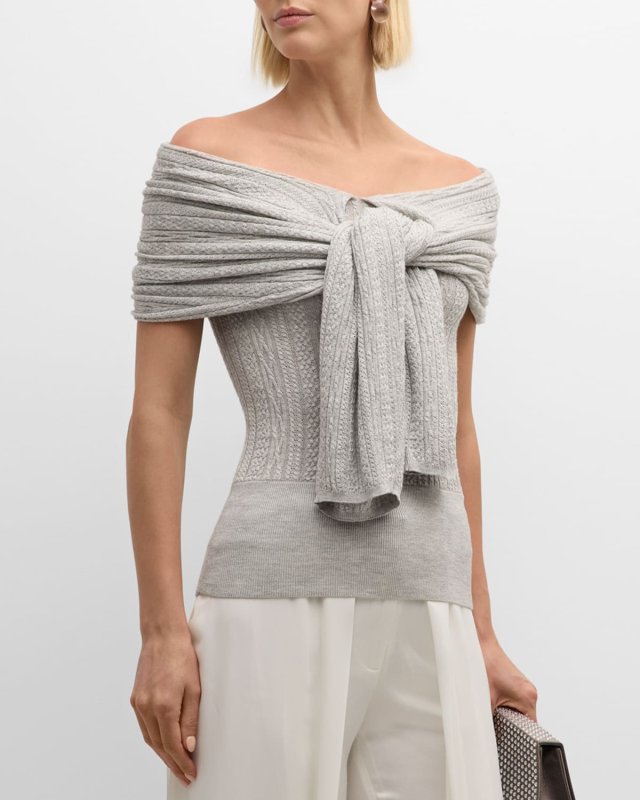 Clara Off-The-Shoulder Silk-Cashmere Cable Knit Top