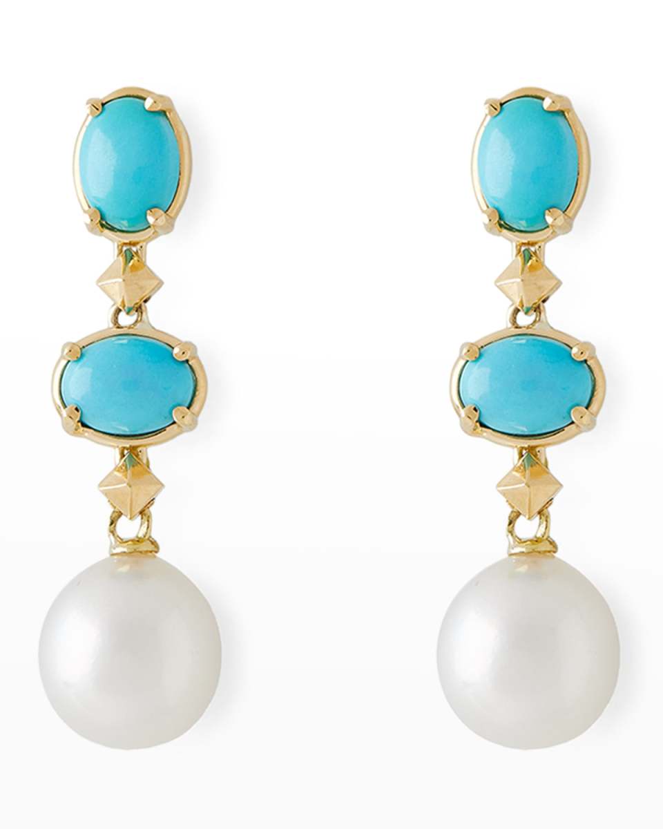 18K Yellow Gold Oval Turquoise, 11mm South Sea Pearl and Small Cube Drop Earrings