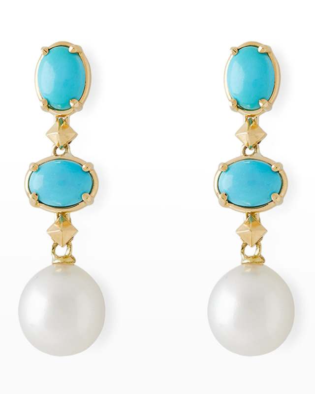 18K Yellow Gold Oval Turquoise, 11mm South Sea Pearl and Small Cube Drop Earrings