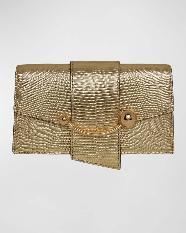 Crescent Metallic Lizard-Embossed Clutch Bag