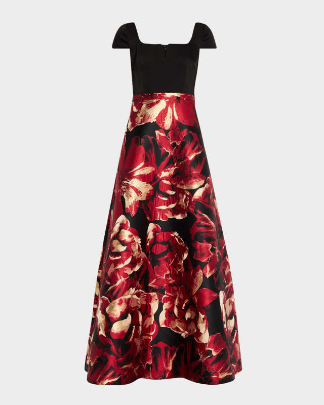 Split-Neck Floral Jacquard Gown