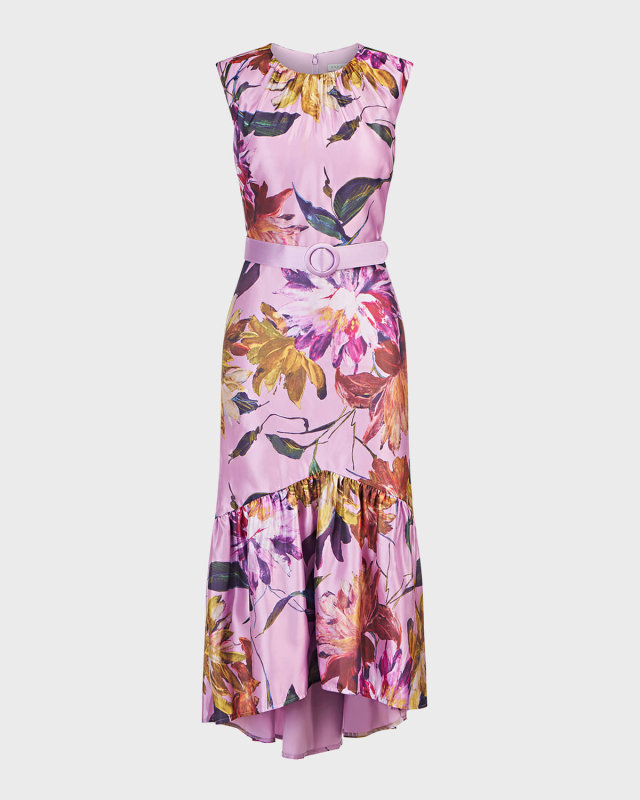 Beatrix Ruched Floral-Print High-Low Midi Dress