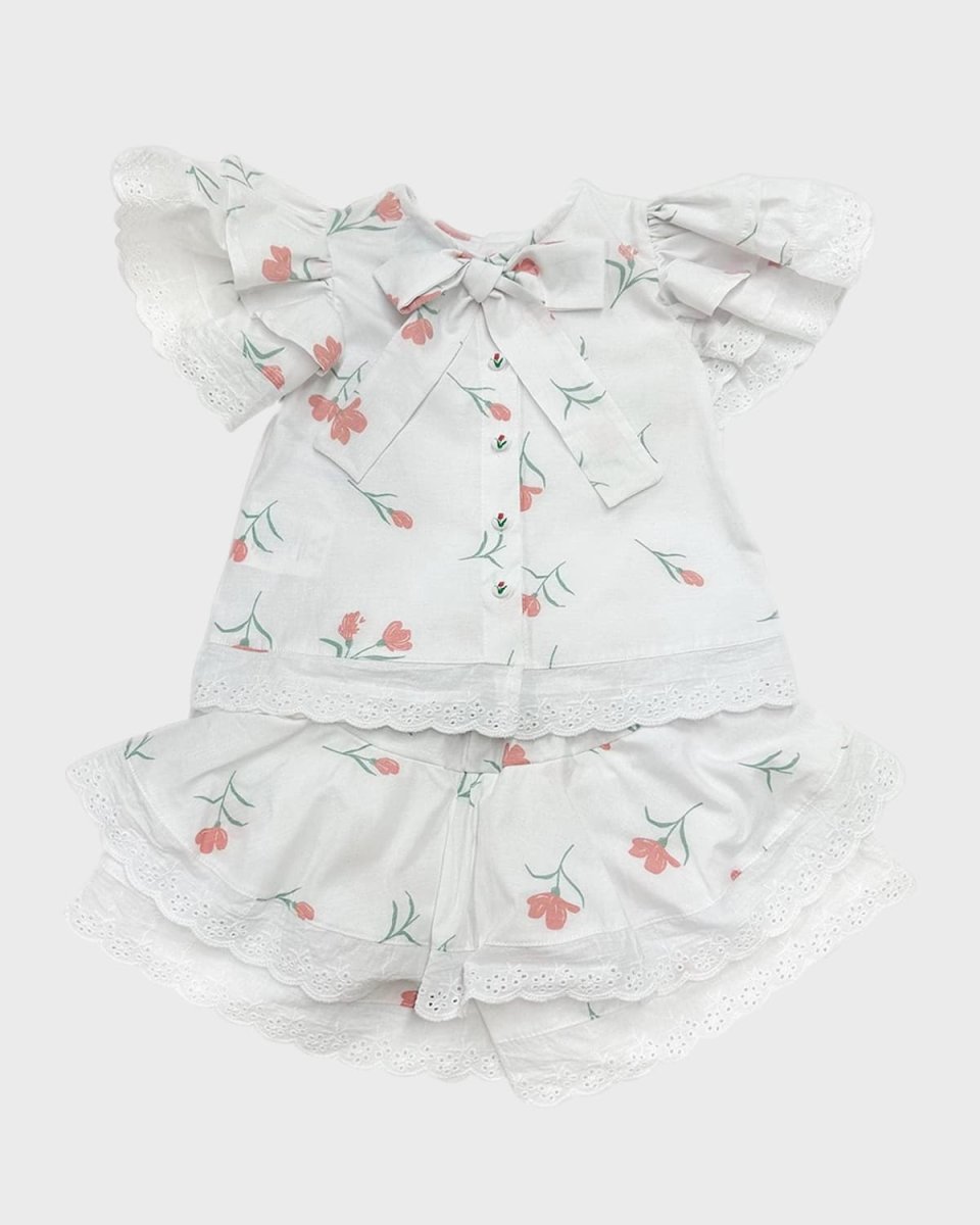 Girl's Lace Embroidered Tulip-Print Top & Shorts Set, Size 3M-8