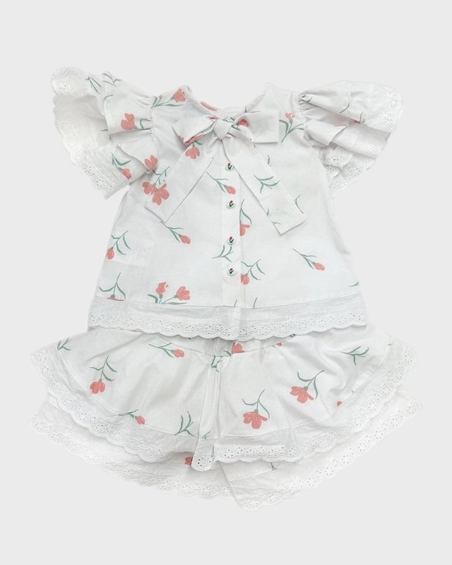 Girl's Lace Embroidered Tulip-Print Top & Shorts Set, Size 3M-8