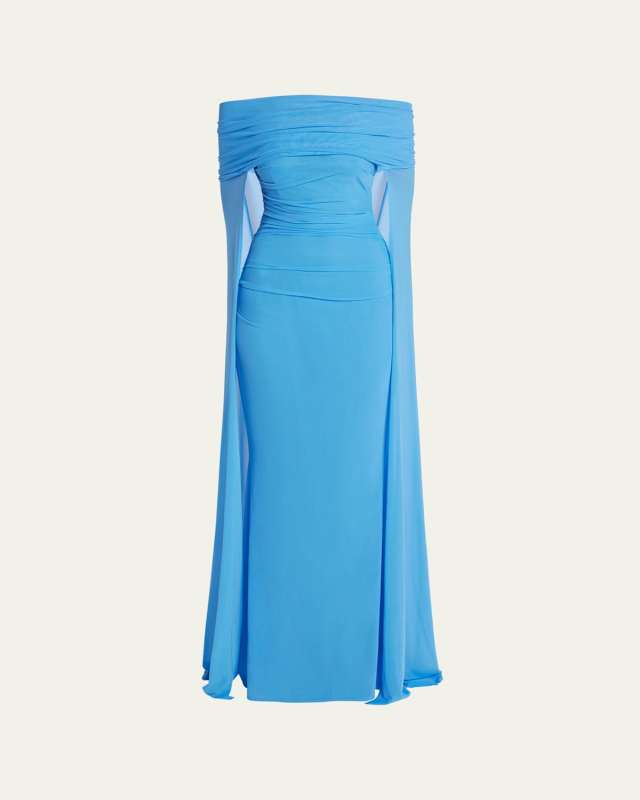 Off-Shoulder Stretch Tulle Cape Gown
