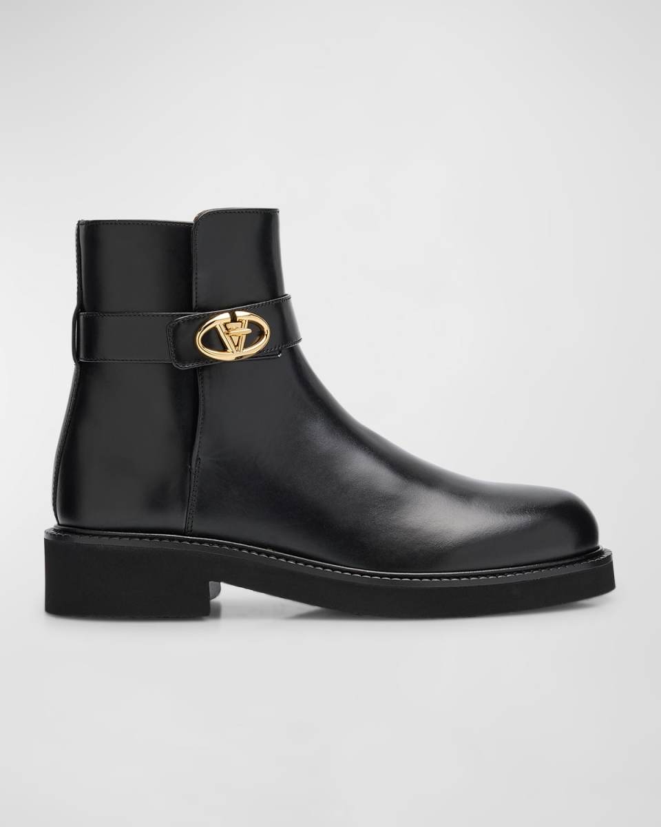 VLogo Leather Buckle Ankle Booties