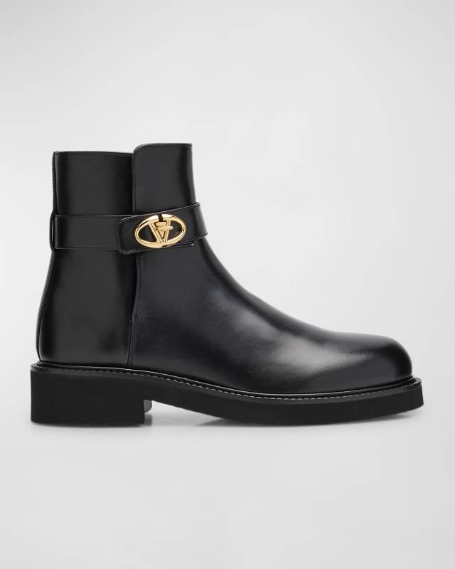 VLogo Leather Buckle Ankle Booties