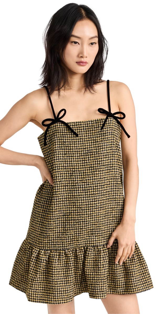 GANNI Woollen Check Mini Dress Blazing Yellow