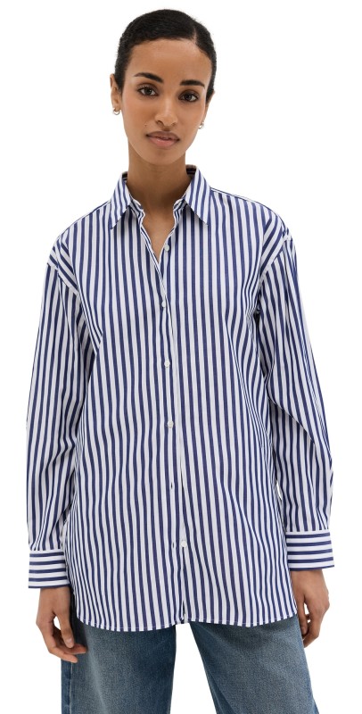 Nili Lotan Yorke Shirt Large Dark Navy/White Stripes